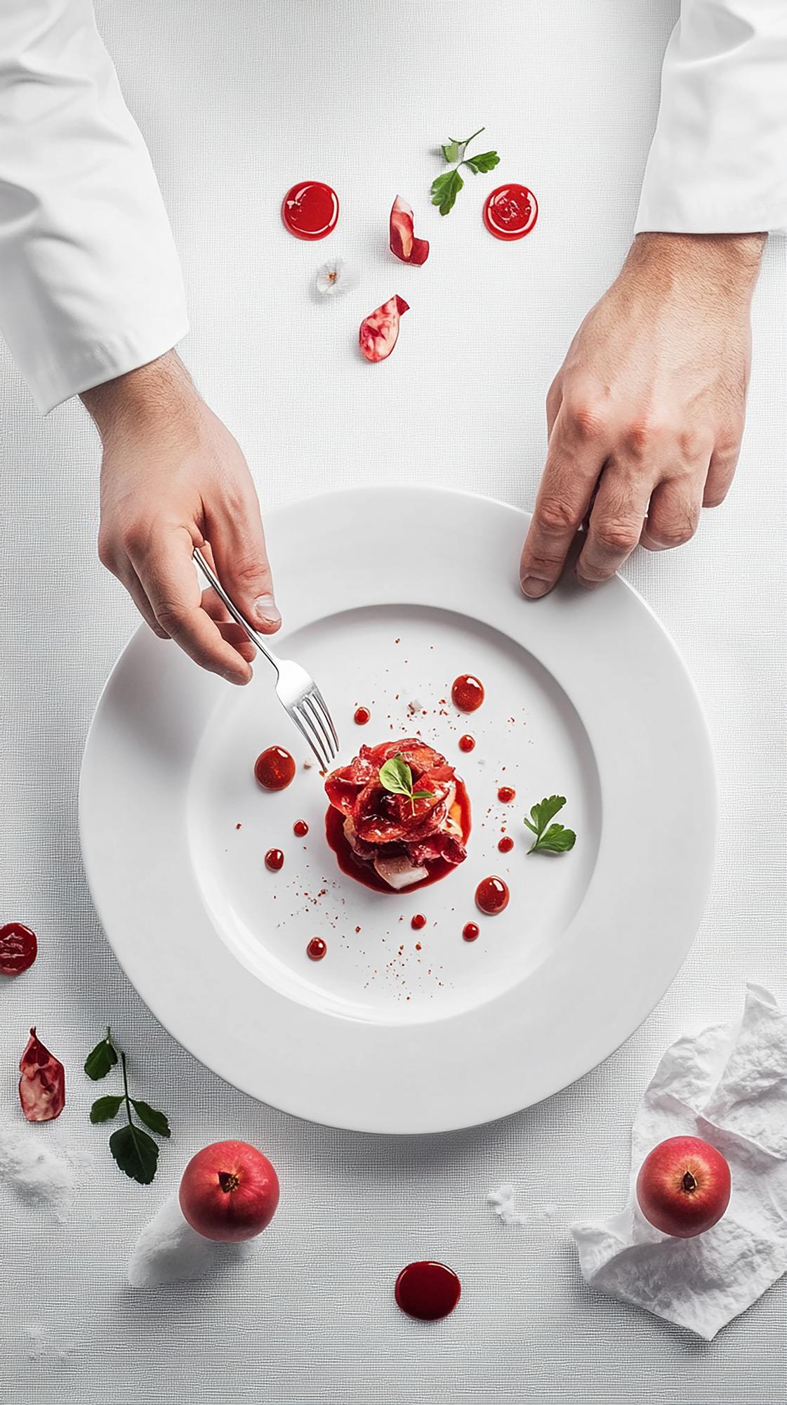 Chef arranging plated modern dish on wooden table